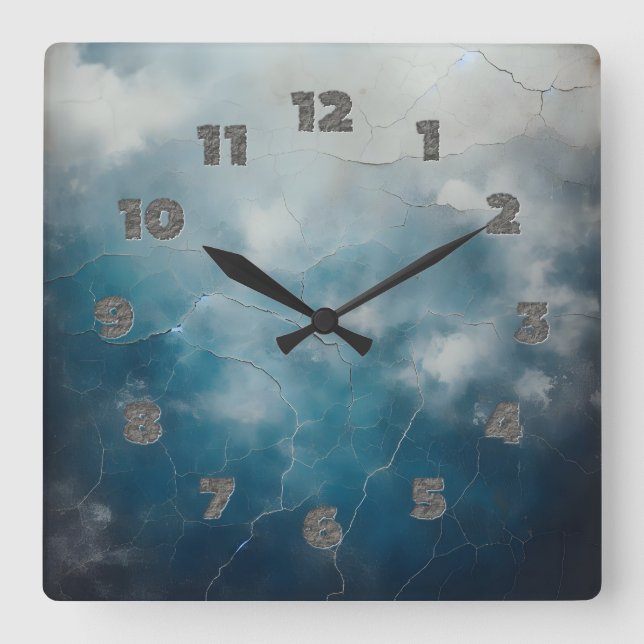 Horloge Carrée vieux mur bleu fissuré (Recto)
