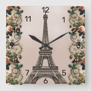 Horloge Carrée Vignes Rose Pâle Paris Tour Eiffel Style Shabby Ch