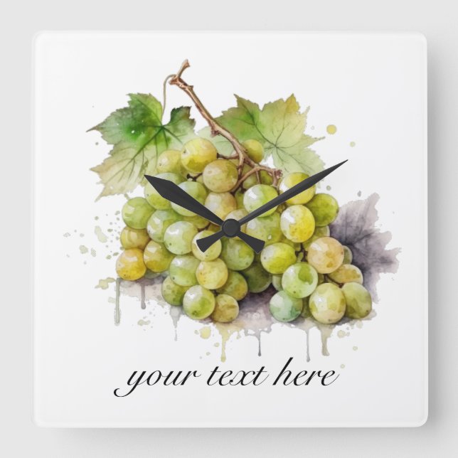 Horloge Carrée Vignoble aquarelle raisins, sur mesure (Recto)