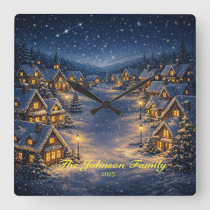 Horloge Carrée Village de Noël enneigé magique la nuit