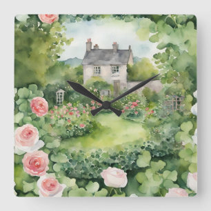 Horloge Carrée Village Irlandais Cottage Rose Aquarelle Esthétiqu
