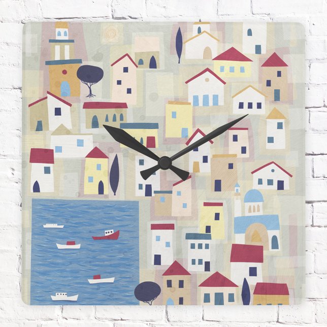 Horloge Carrée Ville grecque contemporaine (Halki Greece modern art clock)