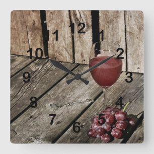 Horloge Carrée Vin rouge et raisins sur texture bois