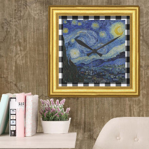 Horloge Carrée Vincent Van Gogh, Nuit étoilée encadrée, À damiers