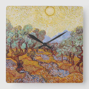 Horloge Carrée Vincent Van Gogh - Oliviers au ciel jaune