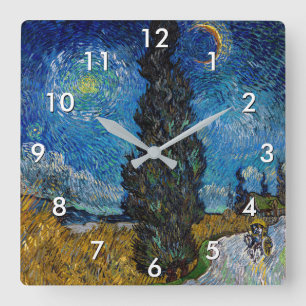 Horloge Carrée Vincent van Gogh - Route avec cyprès et étoile