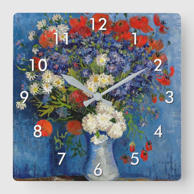 Horloge Carrée Vincent van Gogh - Vase avec Cornflowers & Poppies (Recto)