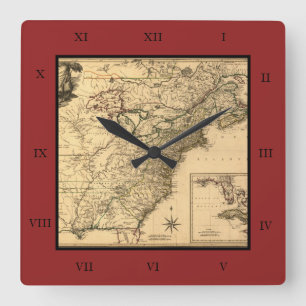 Horloge Carrée Vintage 1777 American Colonies Map by Phelippeaux