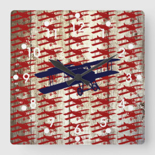 Horloge Carrée Vintage Biplane on Barn Wood Aviation