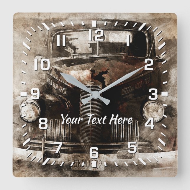 Horloge Carrée Vintage Car Graphique Votre Texte (Recto)