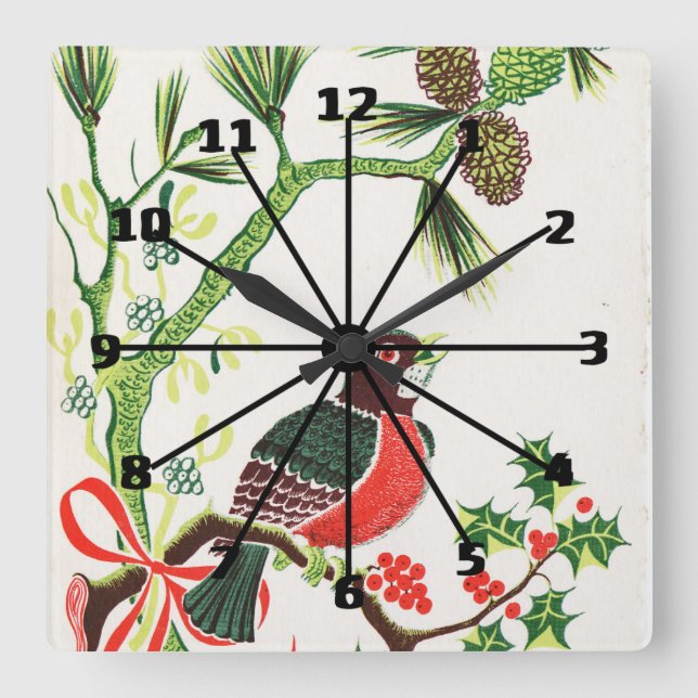 Horloge Carrée Vintage Christmas Robin (Recto)