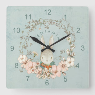 Horloge Carrée Vintage Cute Bunny Floral