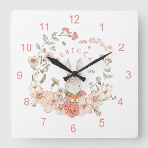 Horloge Carrée Vintage Cute Bunny Florals Nom Baby Girl Nursery