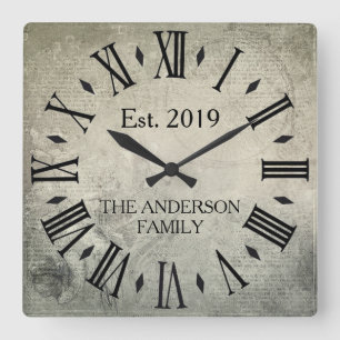 Horloge Carrée Vintage Elegant Nom de famille Roman Numeral Rusti