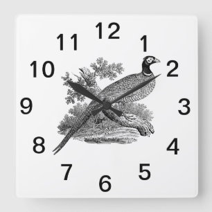 Horloge Carrée Vintage faisan Jeu Oiseau Dessin BW