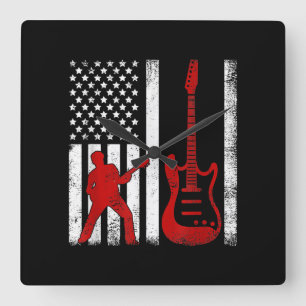 Horloge Carrée Vintage Guitarist American USA Flag Guitar