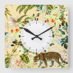 Horloge Carrée Vintage jungle tropicale moderne à fleurs
