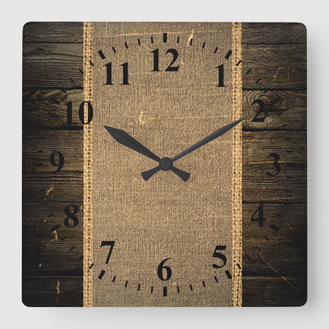 Horloge Carrée Vintage look bois Burlap Rustique (Recto)