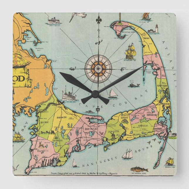 Horloge Carrée Vintage Map of Cape Cod (Recto)