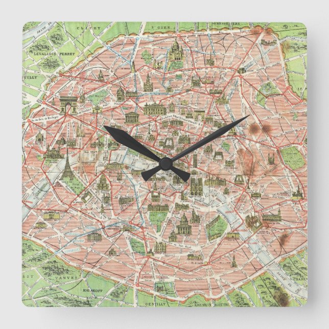 Horloge Carrée Vintage map of Paris (Recto)