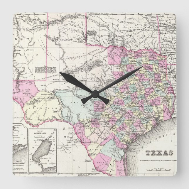 Horloge Carrée Vintage Map of Texas (1855) (Recto)