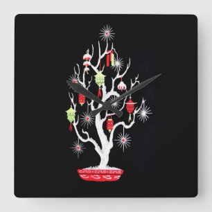 Horloge Carrée Vintage Mid Century Mod Asiatique