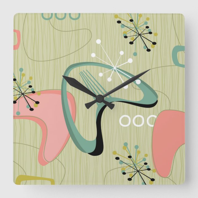 Horloge Carrée Vintage Mmilieu du siècle moderne Spoutnik rose ve (Recto)