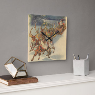Horloge Carrée Vintage Noël Père Noël Sleigh avec Reindeer