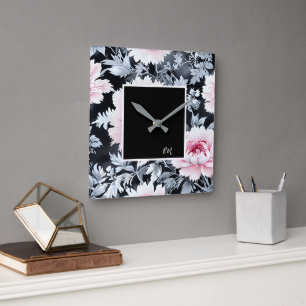 Horloge Carrée vintage noir & rose Belle Fleurs de Jardin