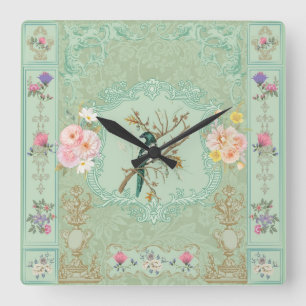 Horloge Carrée Vintage pastel victorien Floral Rococo Peinture