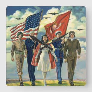 Horloge Carrée Vintage Patriotique, Fiers Héros du personnel mili