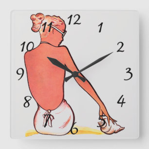 Horloge Carrée Vintage plage fille coquillage été blanc rose noir