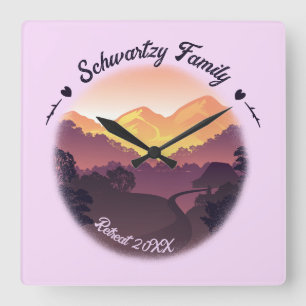 Horloge Carrée Vintage Purple Jaune Farmhouse Mountain Sunset