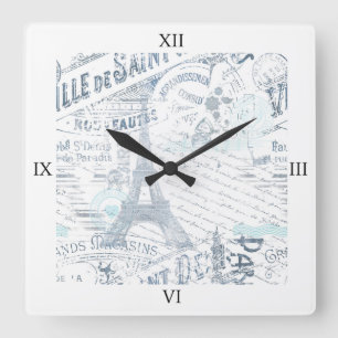 Horloge Carrée Vintage Romance Collage bleu ID226