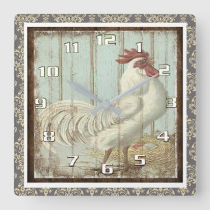 Horloge Carrée Vintage Rooster on a Rustic Wooden Board