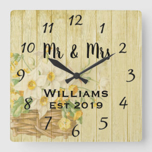 Horloge Carrée Vintage Rustique Bois Floral Été