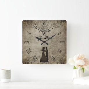 Horloge Carrée Vintage rustique Bride Groom noms Mariage