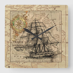 Horloge Carrée Vintage Sailing Ship and Old European Map