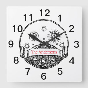 Horloge Carrée Vintage Sun Moon Stars Océan Planète Terre Dessin