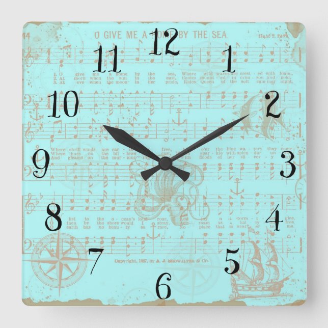 Horloge Carrée Vintage Teal Nautical Musical Sheet (Recto)