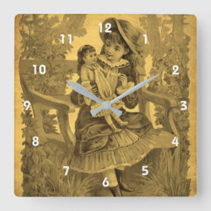 Horloge Carrée Vintage Victorienne Avec Poupée Sur Banc