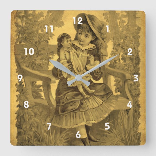 Horloge Carrée Vintage Victorienne Avec Poupée Sur Banc (Recto)