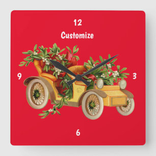 Horloge Carrée Vintage Voiture de Noël Mistletoe Thunder_Cove