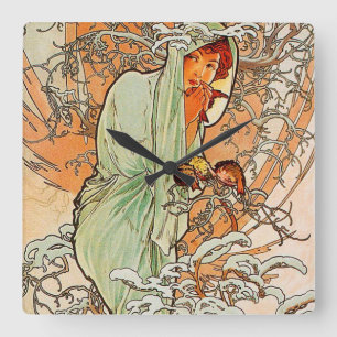 Horloge Carrée Vintage Winter by Alphonse Mucha