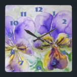 Horloge Carrée Viola Purple Pansies Aquarelle Pansy Flower<br><div class="desc">Shabby Chic Lilac Purple Pansies Pansy Floral Room Horloge. Conçu à partir de mon aquarelle originale.</div>