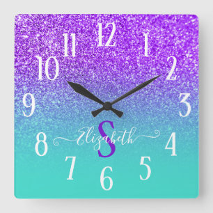 Horloge Carrée Violet Glitter Turquoise ombre monograme