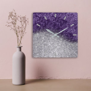 Horloge Carrée Violet Parties scintillant violet Argent gris velo