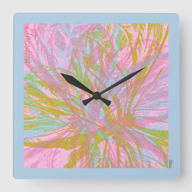 Horloge Carrée Violet rose papillon Abstrait or (Recto)