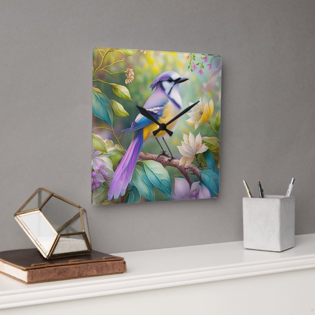 Horloge Carrée Violet Tufted Jay Imaginaire Bird (Bureau)