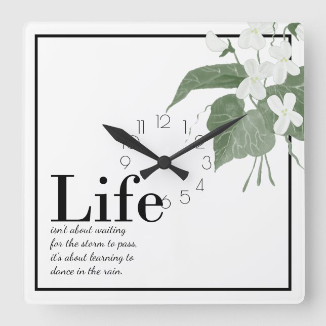 Horloge Carrée Violettes florales blanc sur White Life    Citatio (Recto)